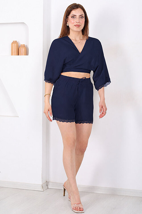 Güpür Detaylı Bağlamalı Kadın Lacivert Şortlu Kimono Takım - 3