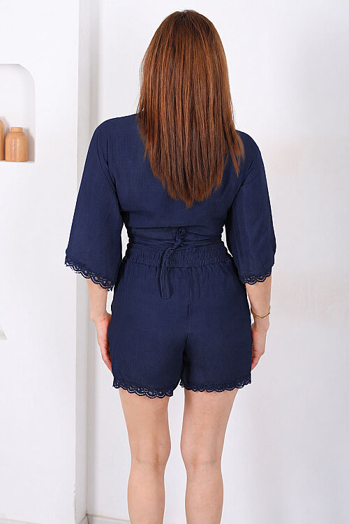 Güpür Detaylı Bağlamalı Kadın Lacivert Şortlu Kimono Takım - 5