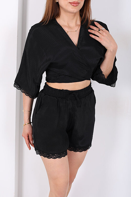 Güpür Detaylı Bağlamalı Kadın Siyah Şortlu Kimono Takım - 2