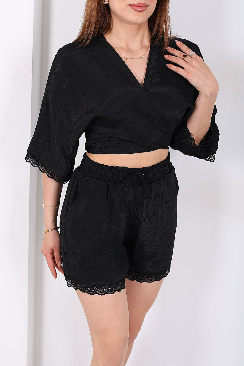 Güpür Detaylı Bağlamalı Kadın Siyah Şortlu Kimono Takım - 2
