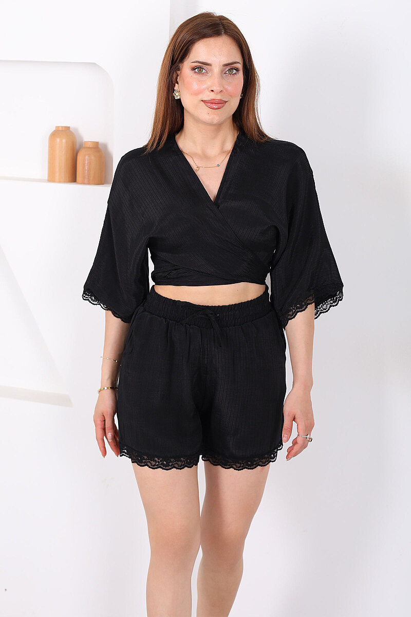 Güpür Detaylı Bağlamalı Kadın Siyah Şortlu Kimono Takım - 4
