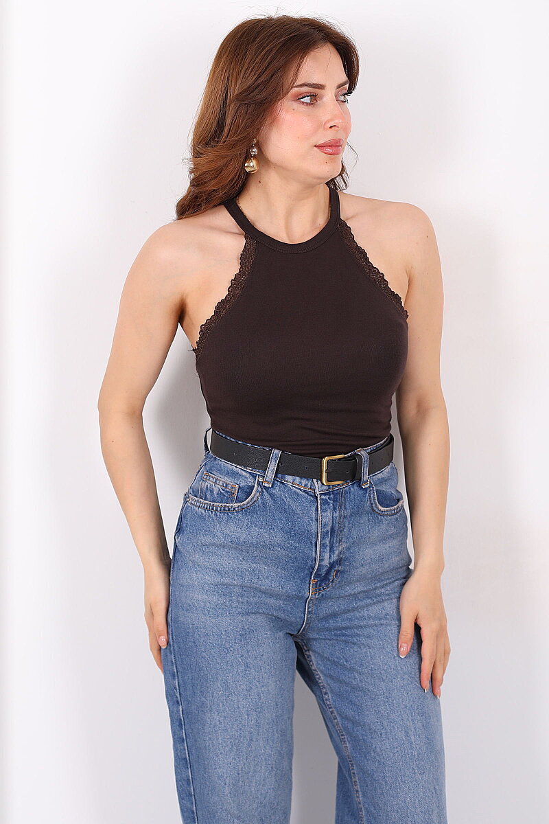 Güpür Detaylı Halter Yaka Kadın Acı Kahve Body - 1