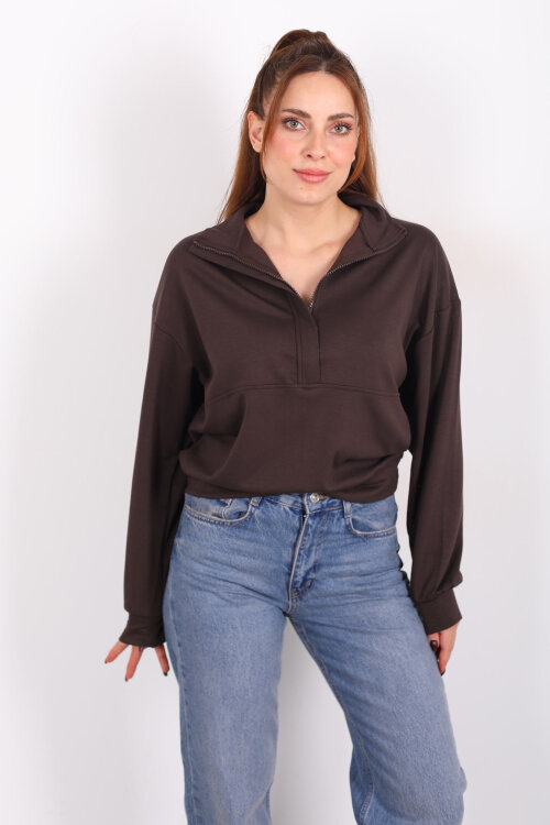 Hakim Yaka Fermuarlı Acı Kahve Kadın Sweat - 3