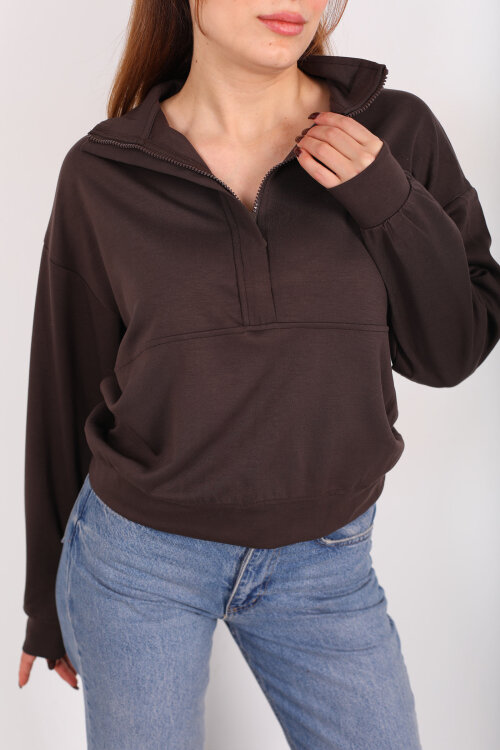 Hakim Yaka Fermuarlı Acı Kahve Kadın Sweat - Berox (1)