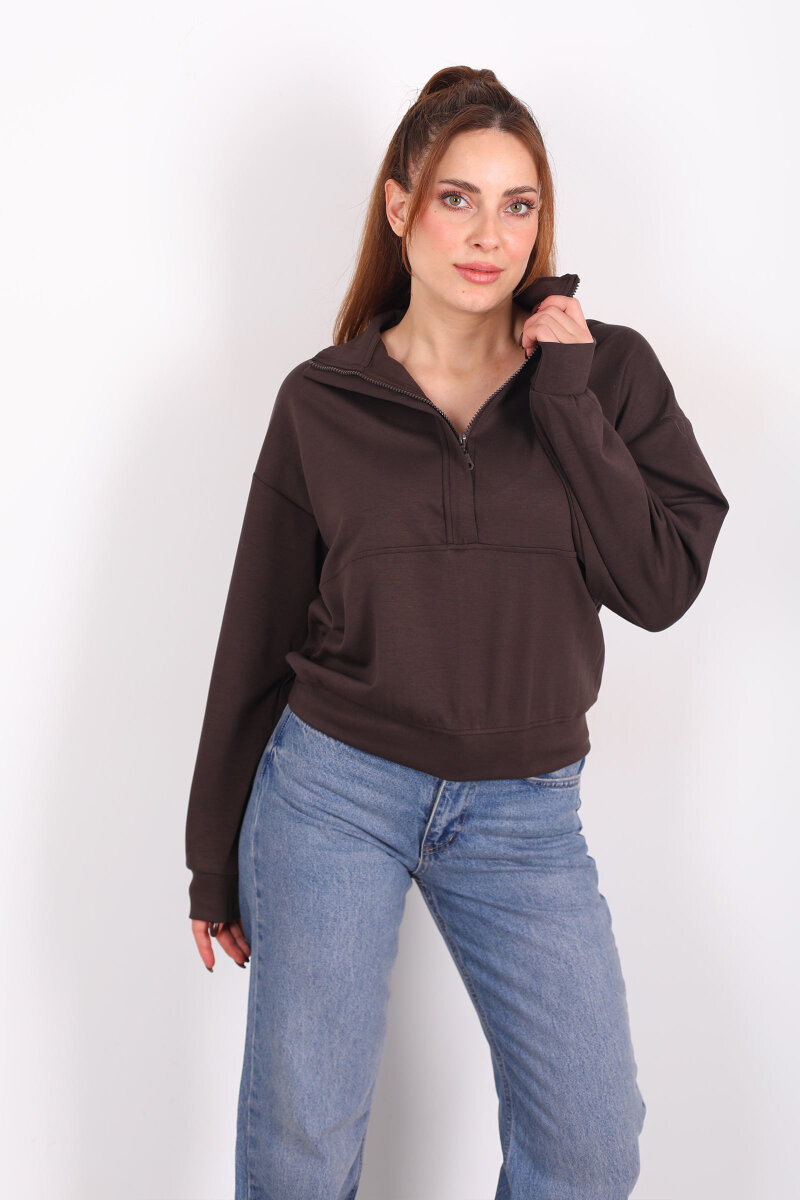 Hakim Yaka Fermuarlı Acı Kahve Kadın Sweat - 1