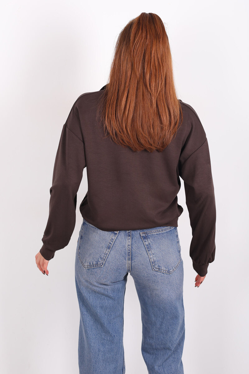 Hakim Yaka Fermuarlı Acı Kahve Kadın Sweat - 5