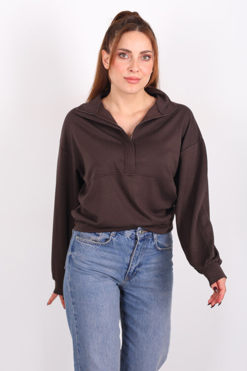 Hakim Yaka Fermuarlı Acı Kahve Kadın Sweat - 6