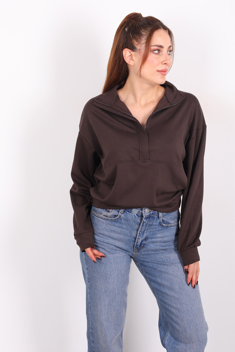 Hakim Yaka Fermuarlı Acı Kahve Kadın Sweat - 4