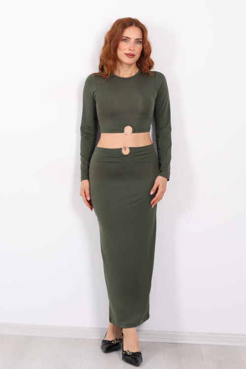Halka Detaylı Haki Kadın Sandy Etek Crop Takım - 7