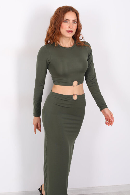 Halka Detaylı Haki Kadın Sandy Etek Crop Takım - Berox