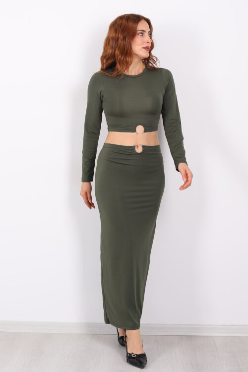 Halka Detaylı Haki Kadın Sandy Etek Crop Takım - 5