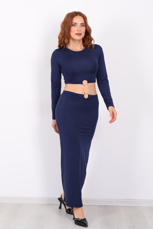Halka Detaylı Lacivert Kadın Sandy Etek Crop Takım - Berox