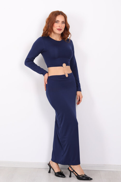 Halka Detaylı Lacivert Kadın Sandy Etek Crop Takım - 3