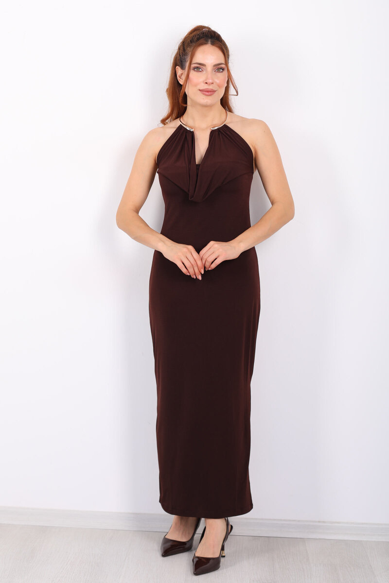 Halka Detaylı Sırt Dekolteli Kahverengi Kadın Sandy Elbise - 6