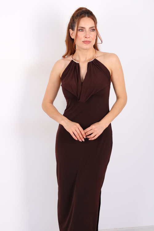 Halka Detaylı Sırt Dekolteli Kahverengi Kadın Sandy Elbise - 3