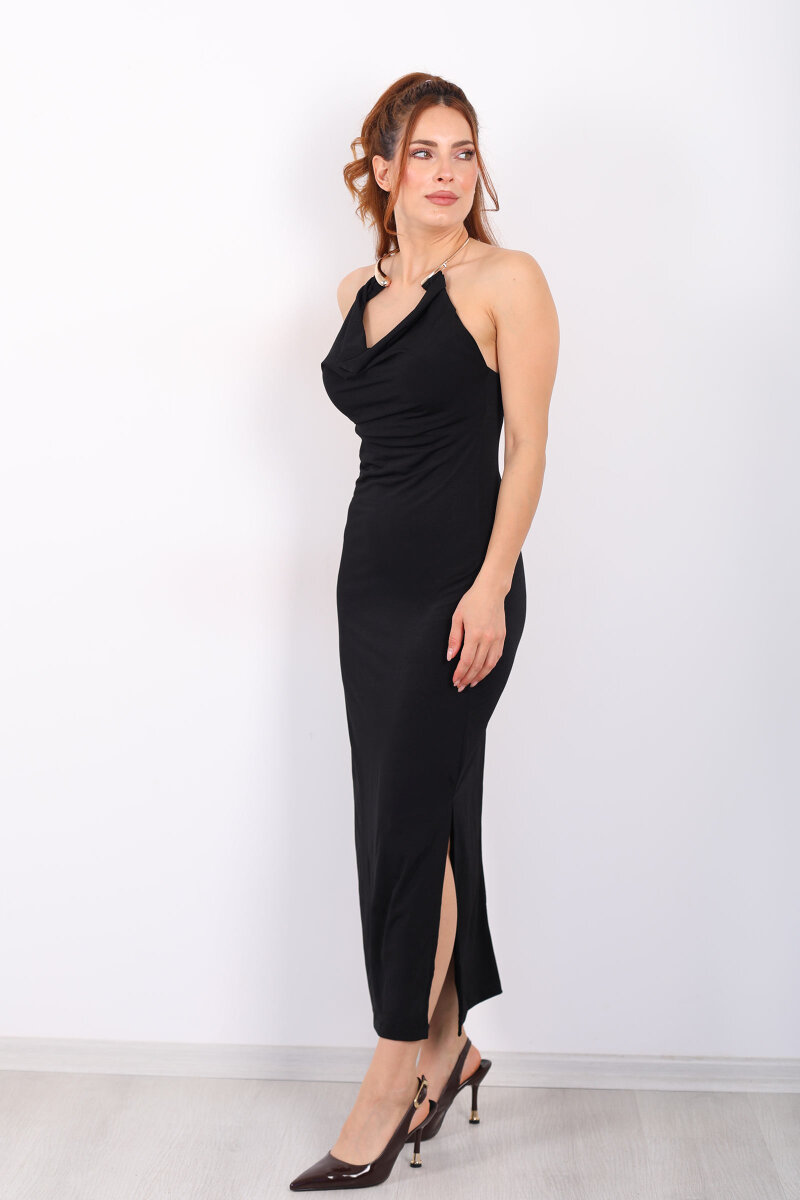 Halka Detaylı Sırt Dekolteli Siyah Kadın Sandy Elbise - 5