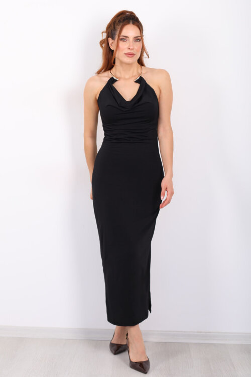 Halka Detaylı Sırt Dekolteli Siyah Kadın Sandy Elbise - 8