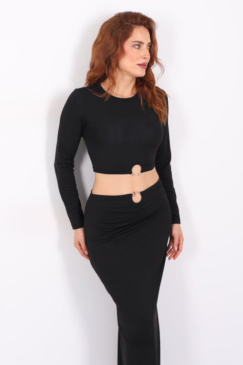 Halka Detaylı Siyah Kadın Sandy Etek Crop Takım - Berox