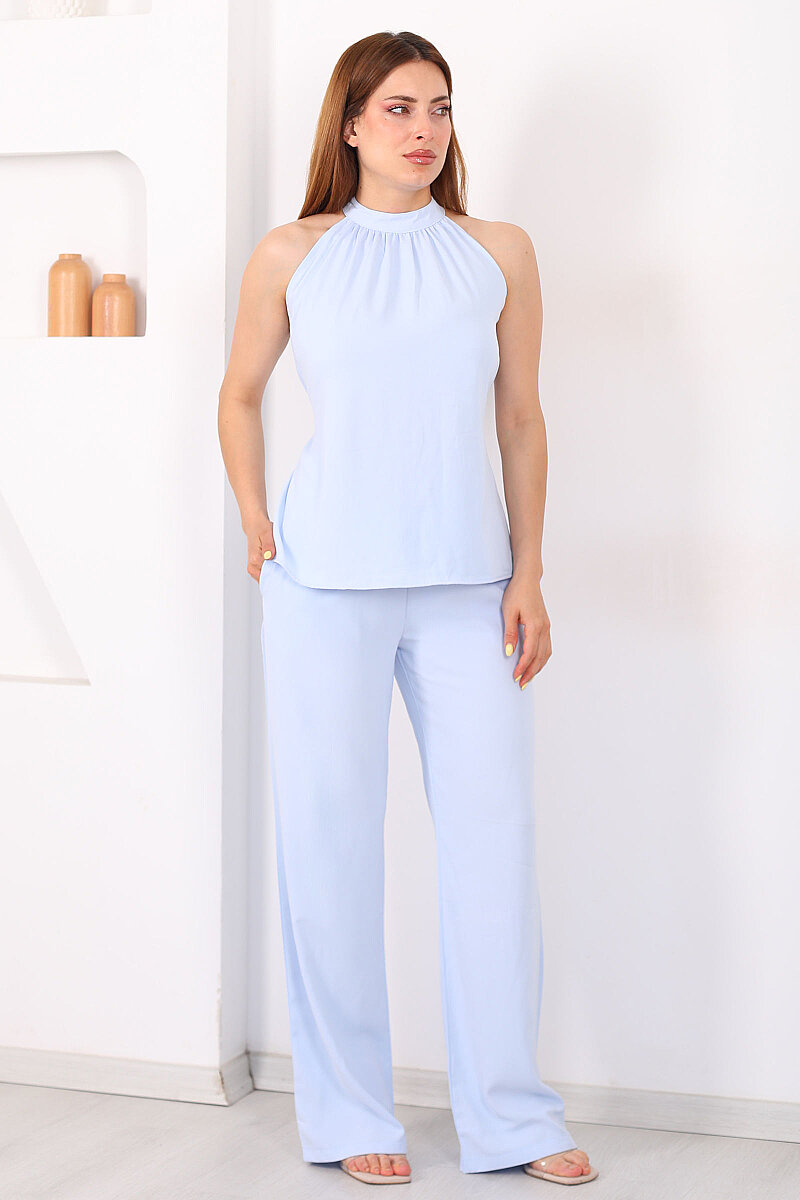 Halter Yaka Arkası Bağlamalı Bebe Mavi Kadın Takım - 3