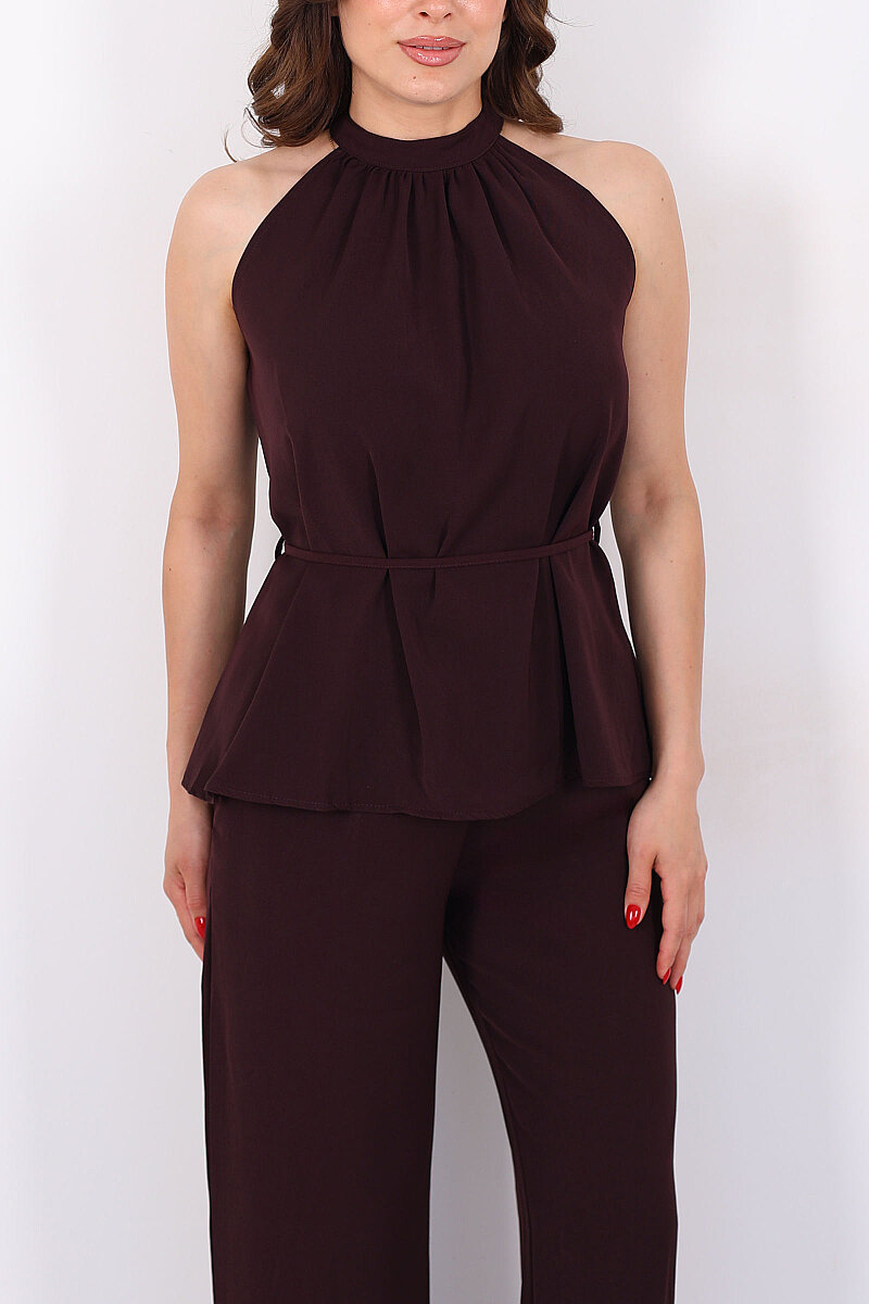 Halter Yaka Arkası Bağlamalı Mürdüm Kadın Takım - 2