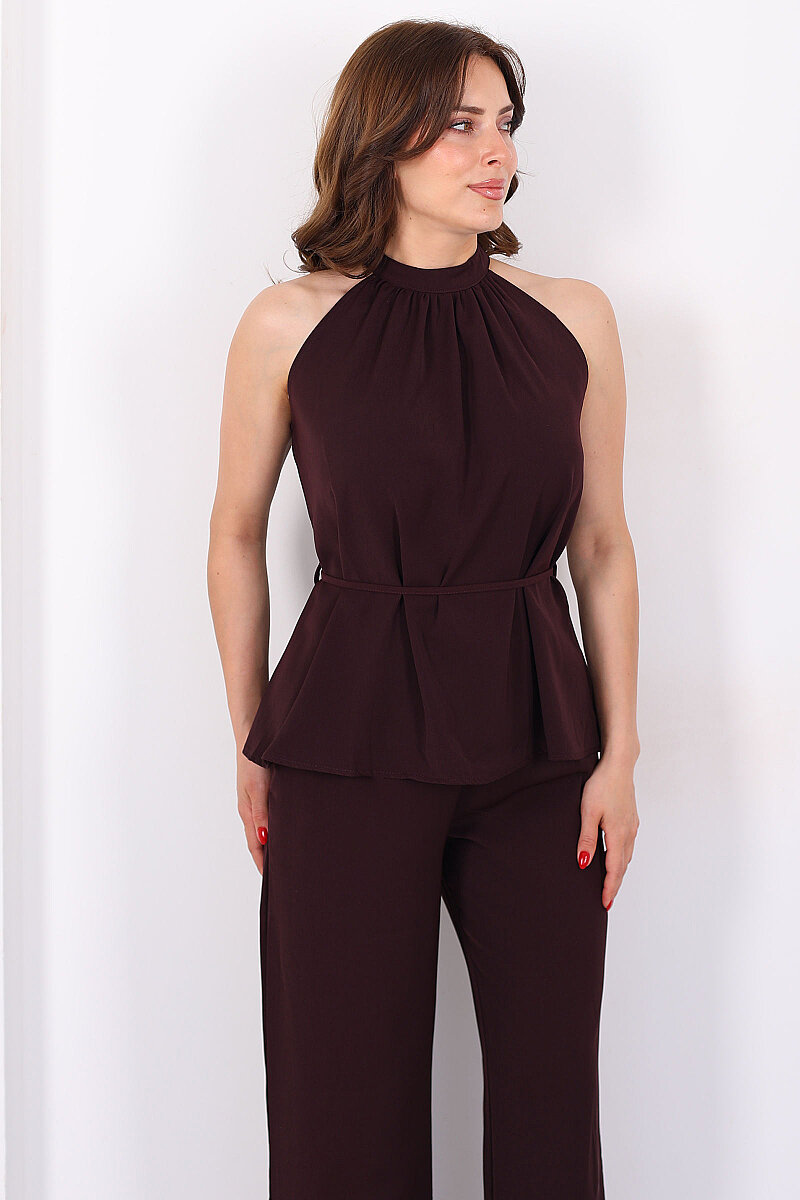 Halter Yaka Arkası Bağlamalı Mürdüm Kadın Takım - 7