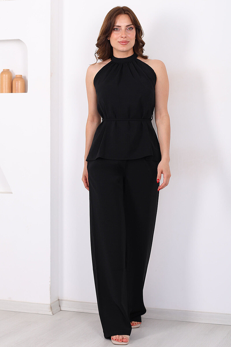 Halter Yaka Arkası Bağlamalı Siyah Kadın Takım - 7