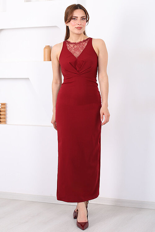 Halter Yaka Dantel Detaylı Bordo Kadın Midi Elbise - 5