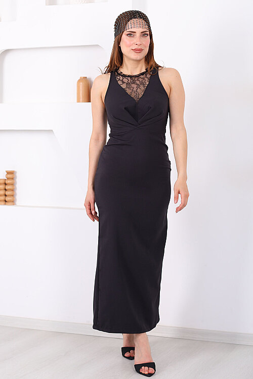 Halter Yaka Dantel Detaylı Siyah Kadın Midi Elbise - 8