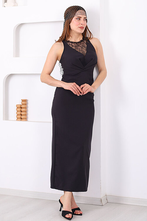 Halter Yaka Dantel Detaylı Siyah Kadın Midi Elbise - 3
