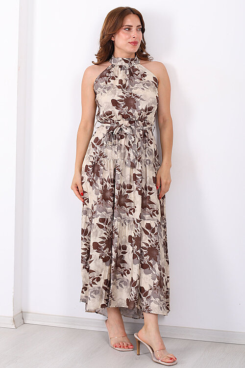 Halter Yaka Desenli Kuşaklı Maxi Kahverengi Kadın Elbise - 4