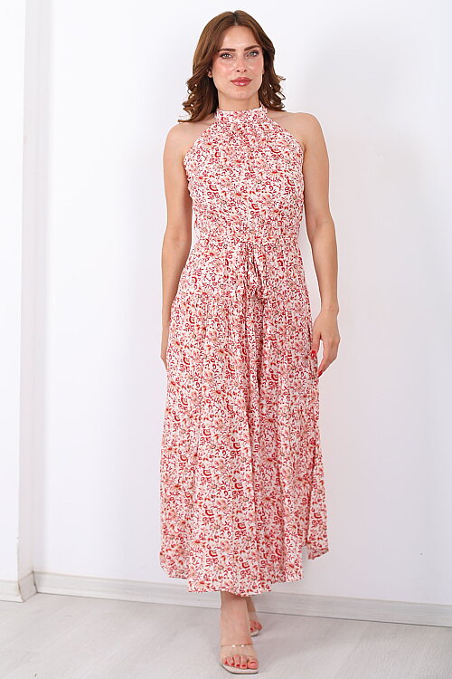 Halter Yaka Desenli Kuşaklı Maxi Kırmızı Kadın Elbise - 4