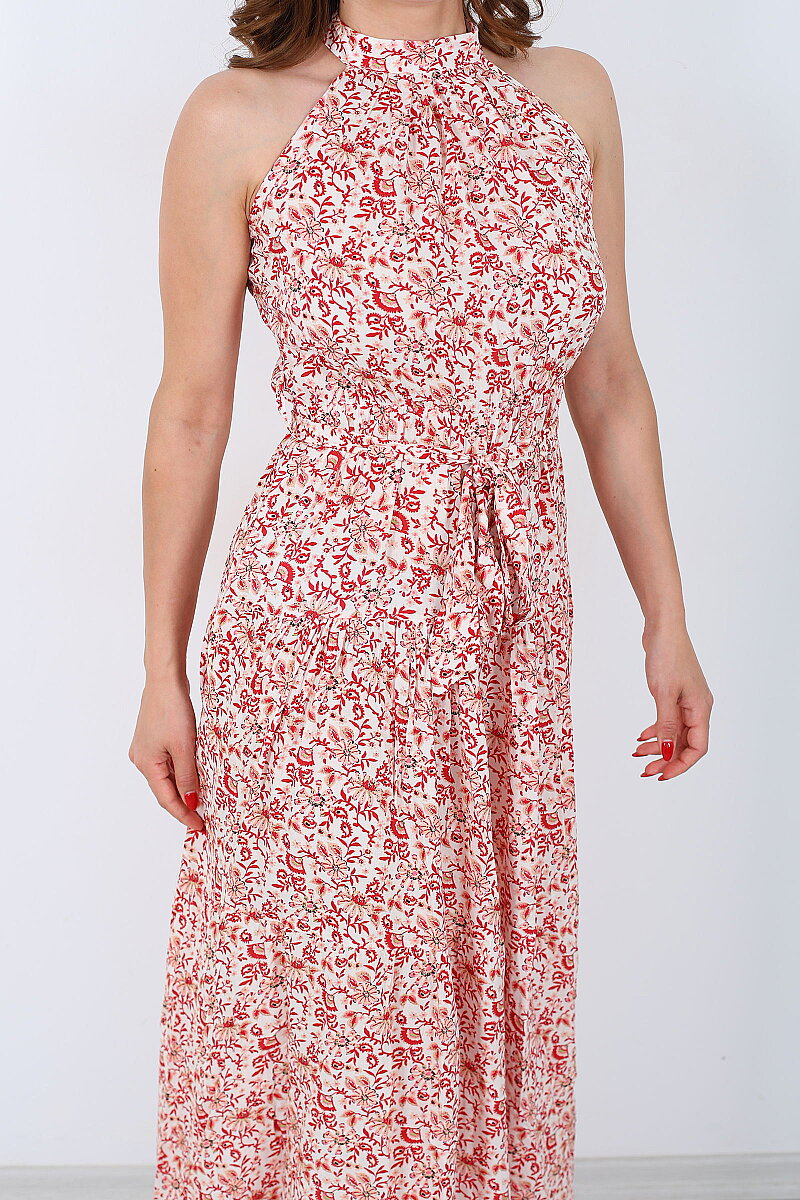 Halter Yaka Desenli Kuşaklı Maxi Kırmızı Kadın Elbise - 2