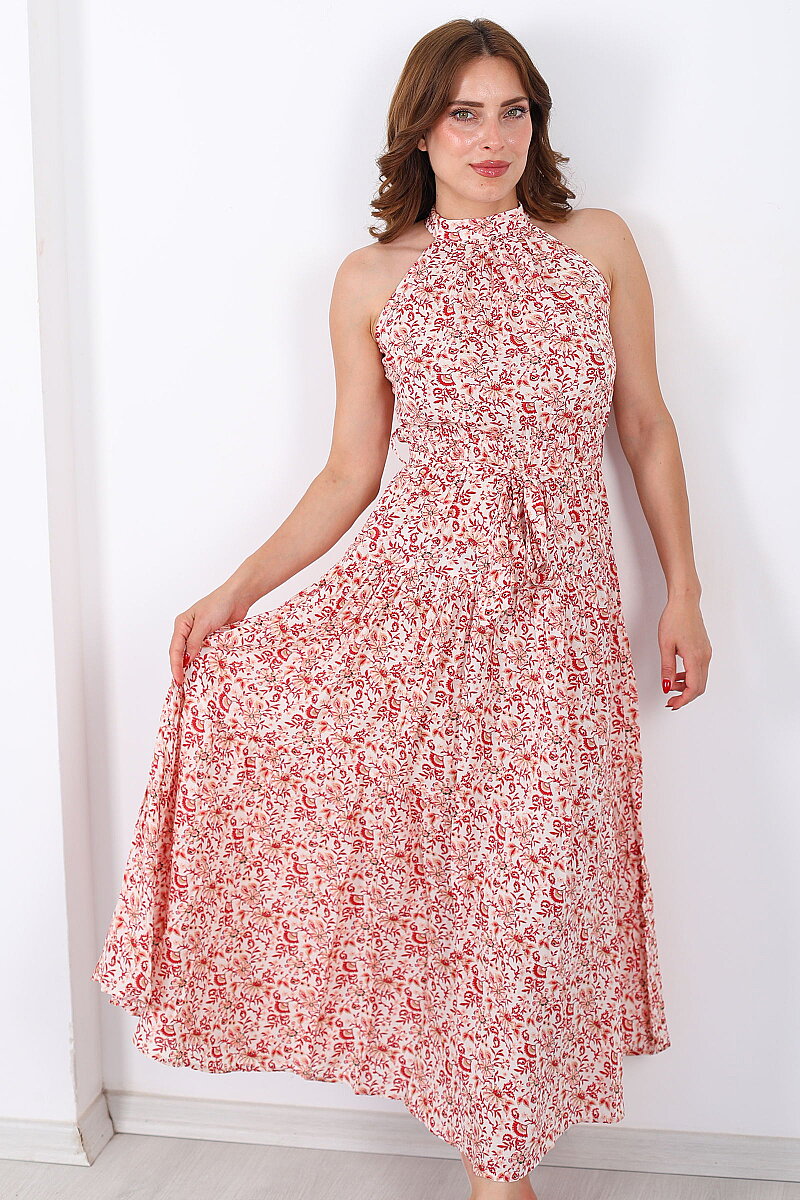 Halter Yaka Desenli Kuşaklı Maxi Kırmızı Kadın Elbise - 1