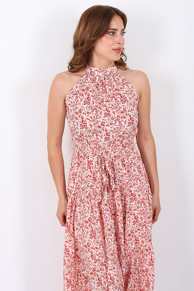 Halter Yaka Desenli Kuşaklı Maxi Kırmızı Kadın Elbise - 3