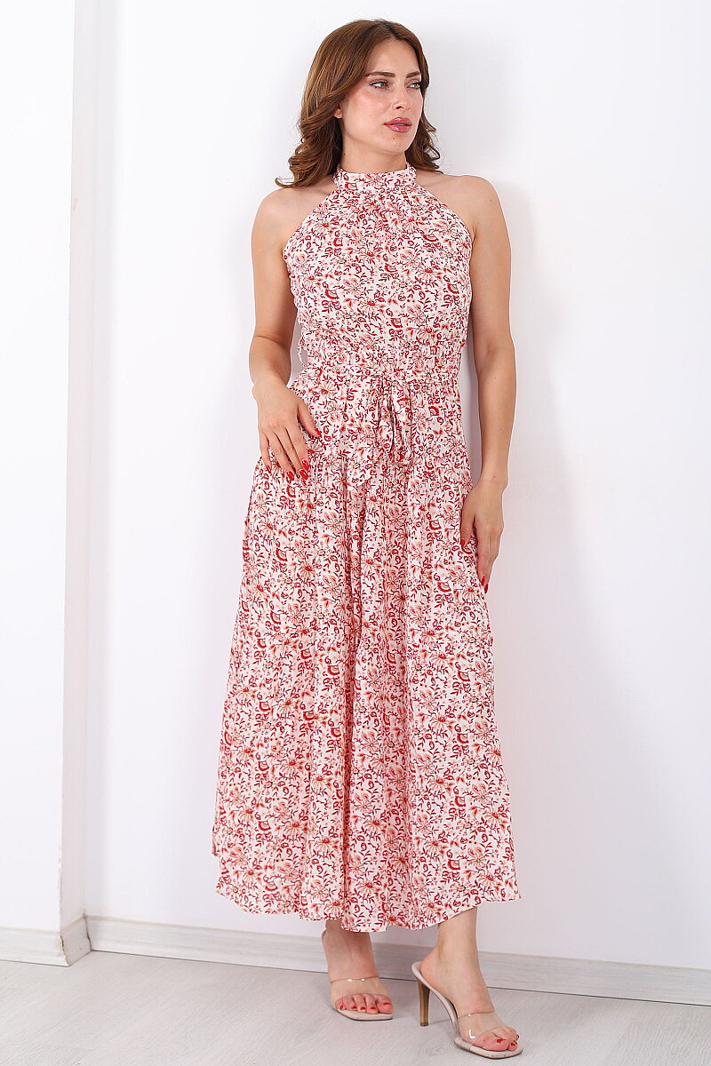 Halter Yaka Desenli Kuşaklı Maxi Kırmızı Kadın Elbise - 6
