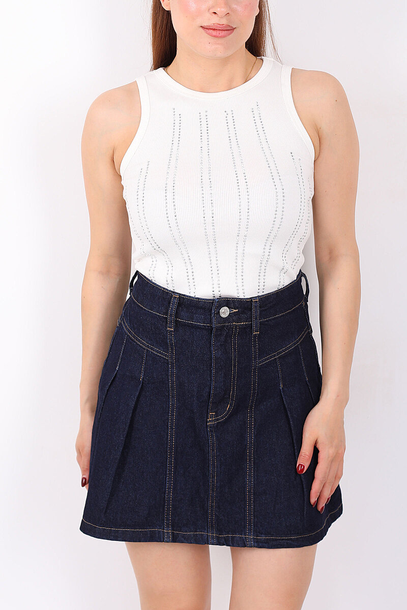 Halter Yaka Dikey Taş Desenli Kadın Beyaz Body - 2