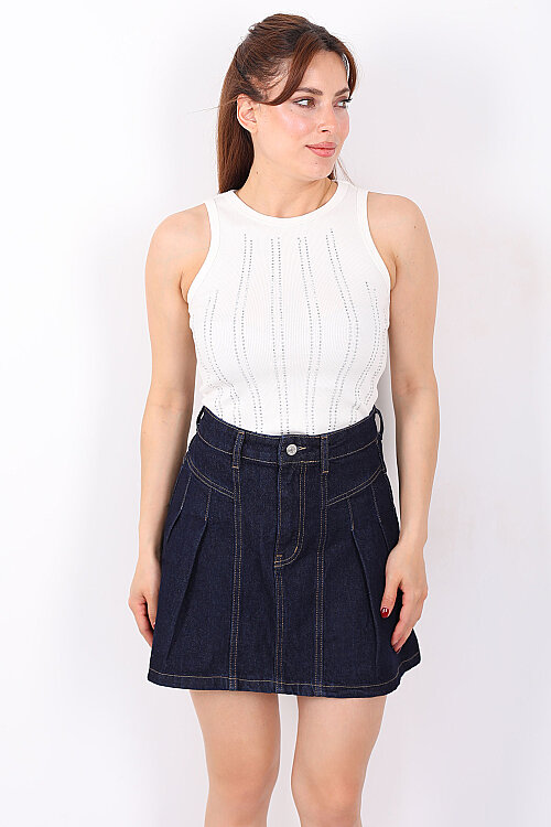 Halter Yaka Dikey Taş Desenli Kadın Beyaz Body - 3