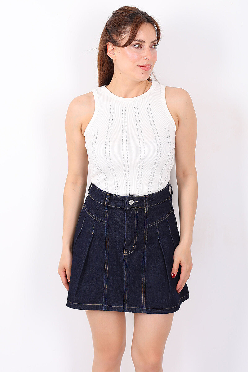 Halter Yaka Dikey Taş Desenli Kadın Beyaz Body - 3