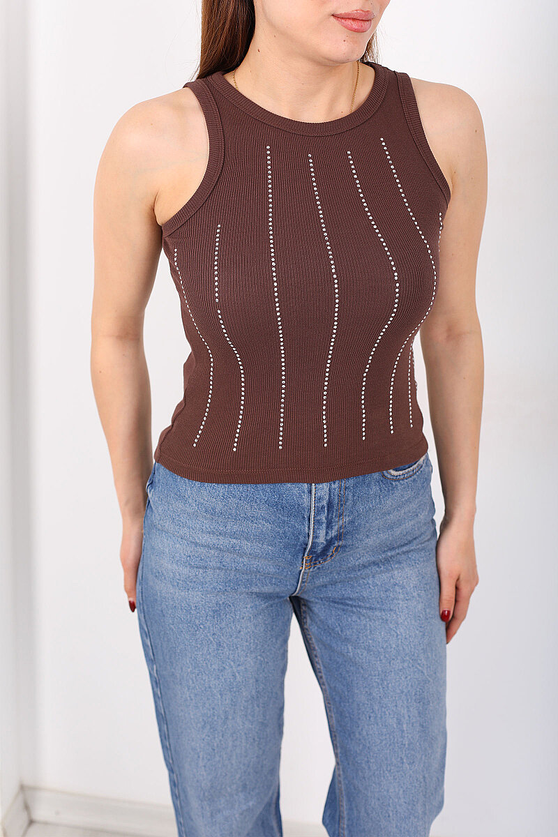 Halter Yaka Dikey Taş Desenli Kadın Kahverengi Body - 2