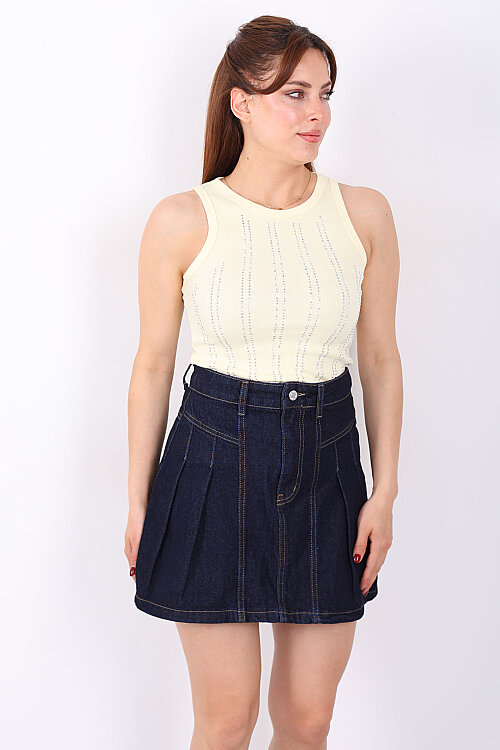 Halter Yaka Dikey Taş Desenli Kadın Sarı Body - 3