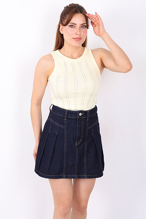 Halter Yaka Dikey Taş Desenli Kadın Sarı Body - Berox