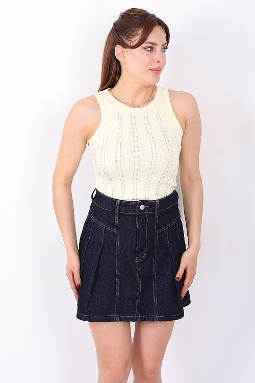 Halter Yaka Dikey Taş Desenli Kadın Sarı Body - 5