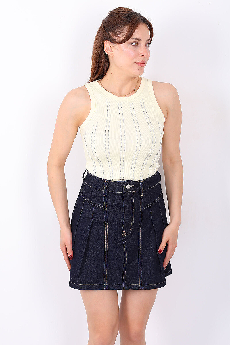 Halter Yaka Dikey Taş Desenli Kadın Sarı Body - 5