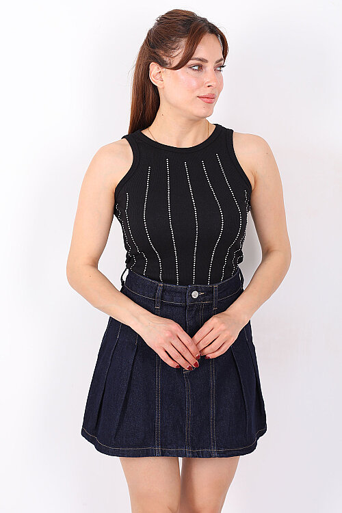 Halter Yaka Dikey Taş Desenli Kadın Siyah Body - 3