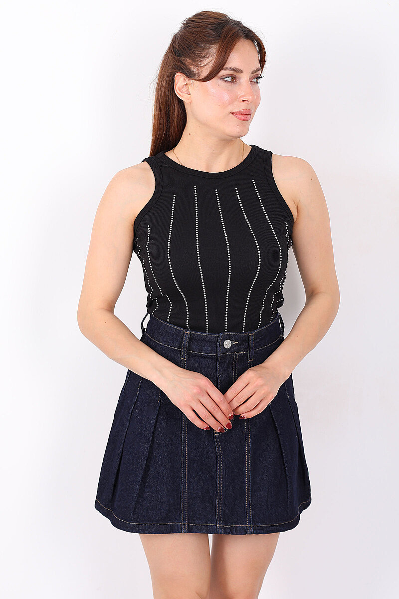 Halter Yaka Dikey Taş Desenli Kadın Siyah Body - 3
