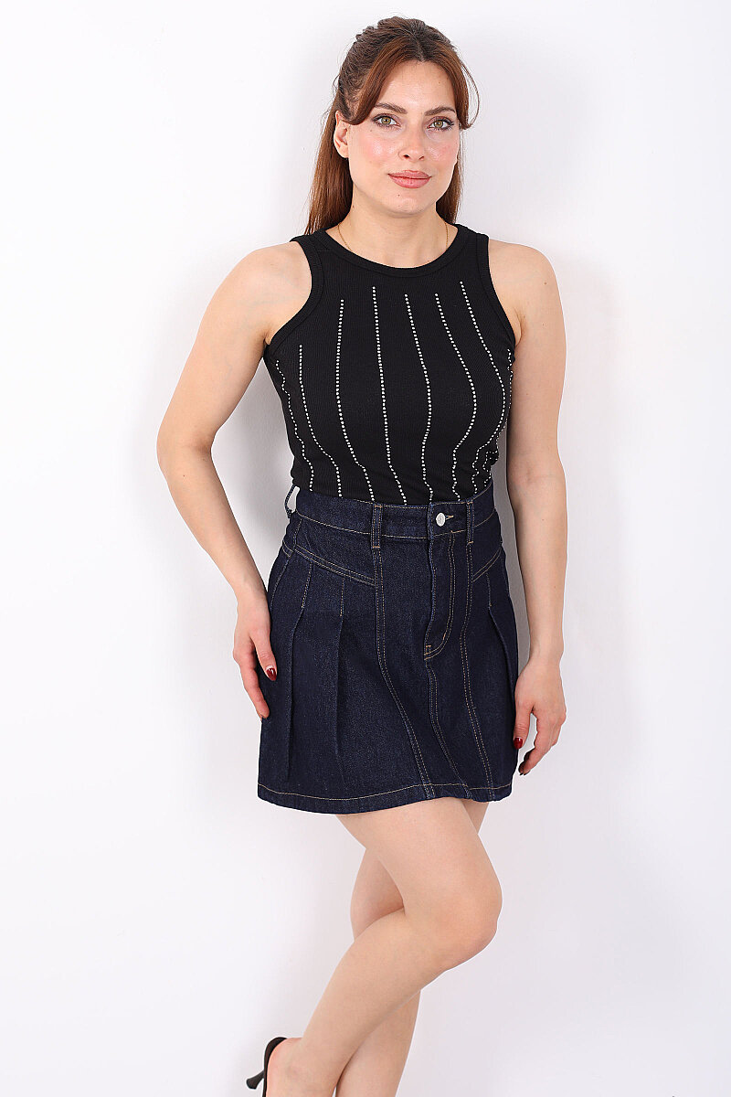 Halter Yaka Dikey Taş Desenli Kadın Siyah Body - 1