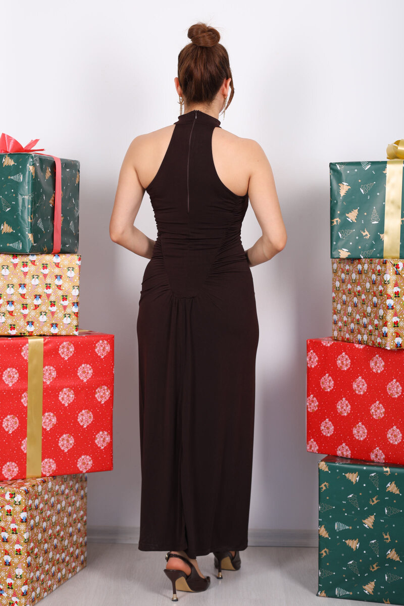 Halter Yaka Düğme Detaylı Acı Kahve Kadın Kolsuz Elbise - 6