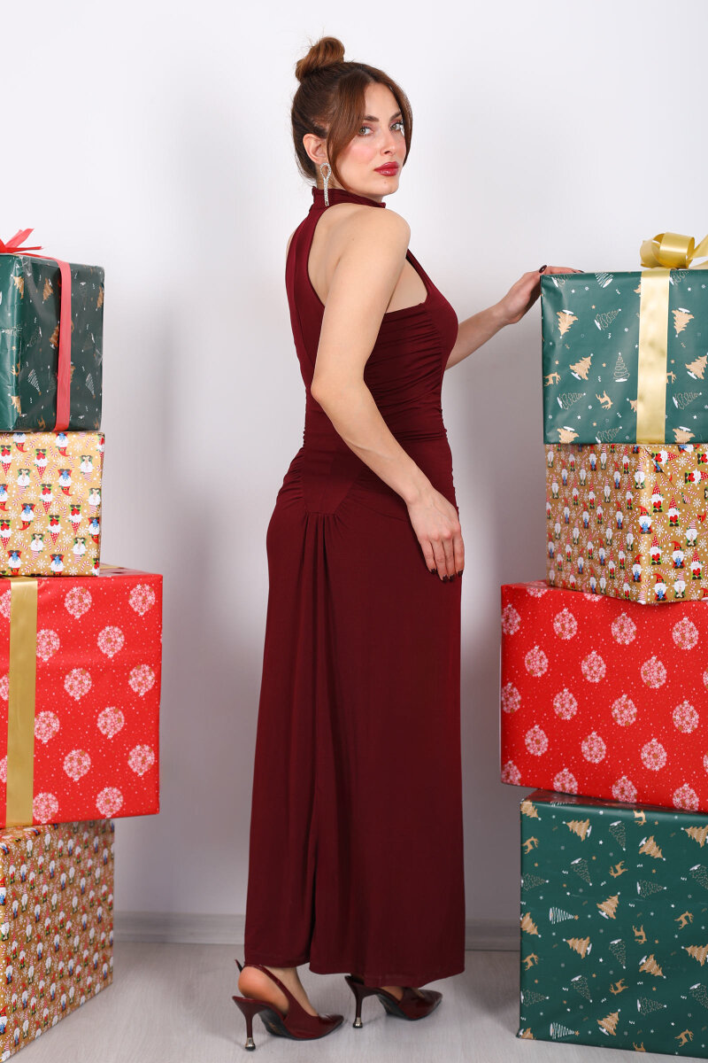 Halter Yaka Düğme Detaylı Bordo Kadın Kolsuz Elbise - 6