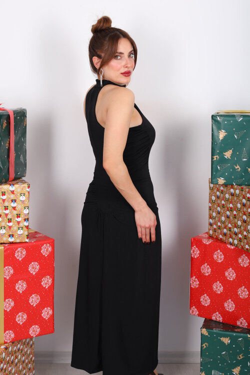 Halter Yaka Düğme Detaylı Siyah Kadın Kolsuz Elbise - 6