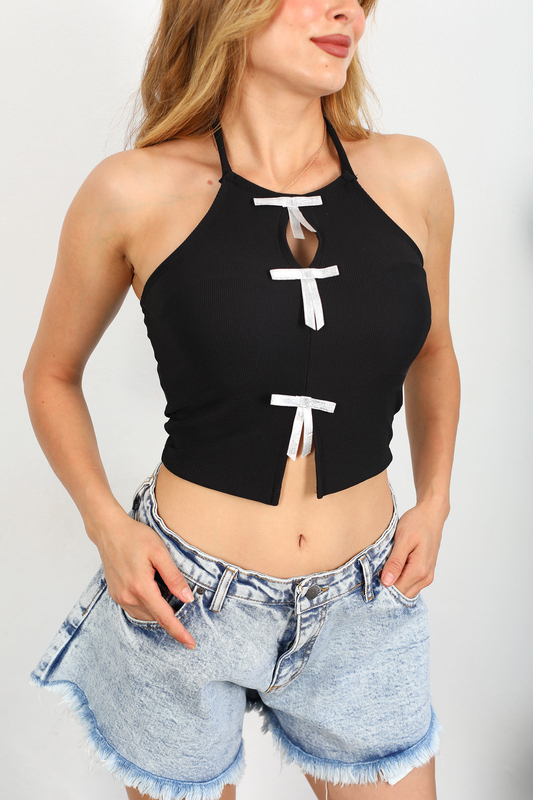Halter Yaka Fiyonklu Tasarım Siyah Kadın Crop - 3